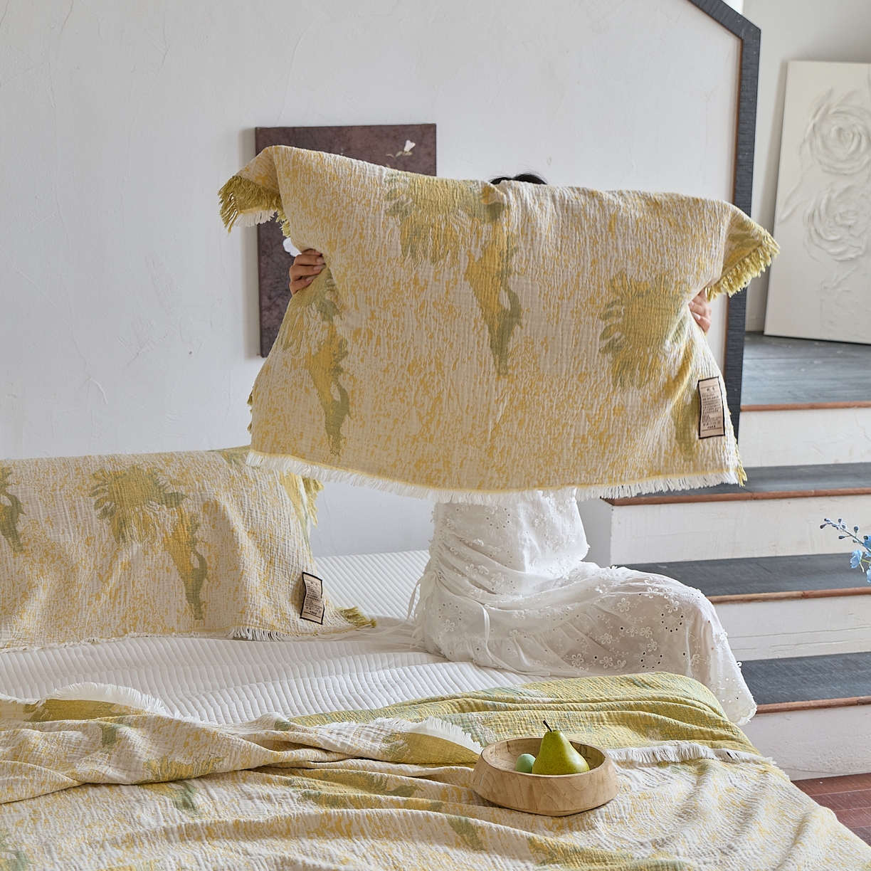 91家纺网 家纺一手货源 找家纺 沐瑟家纺 2025新款色织提花全棉流苏纱布枕巾 柚屿