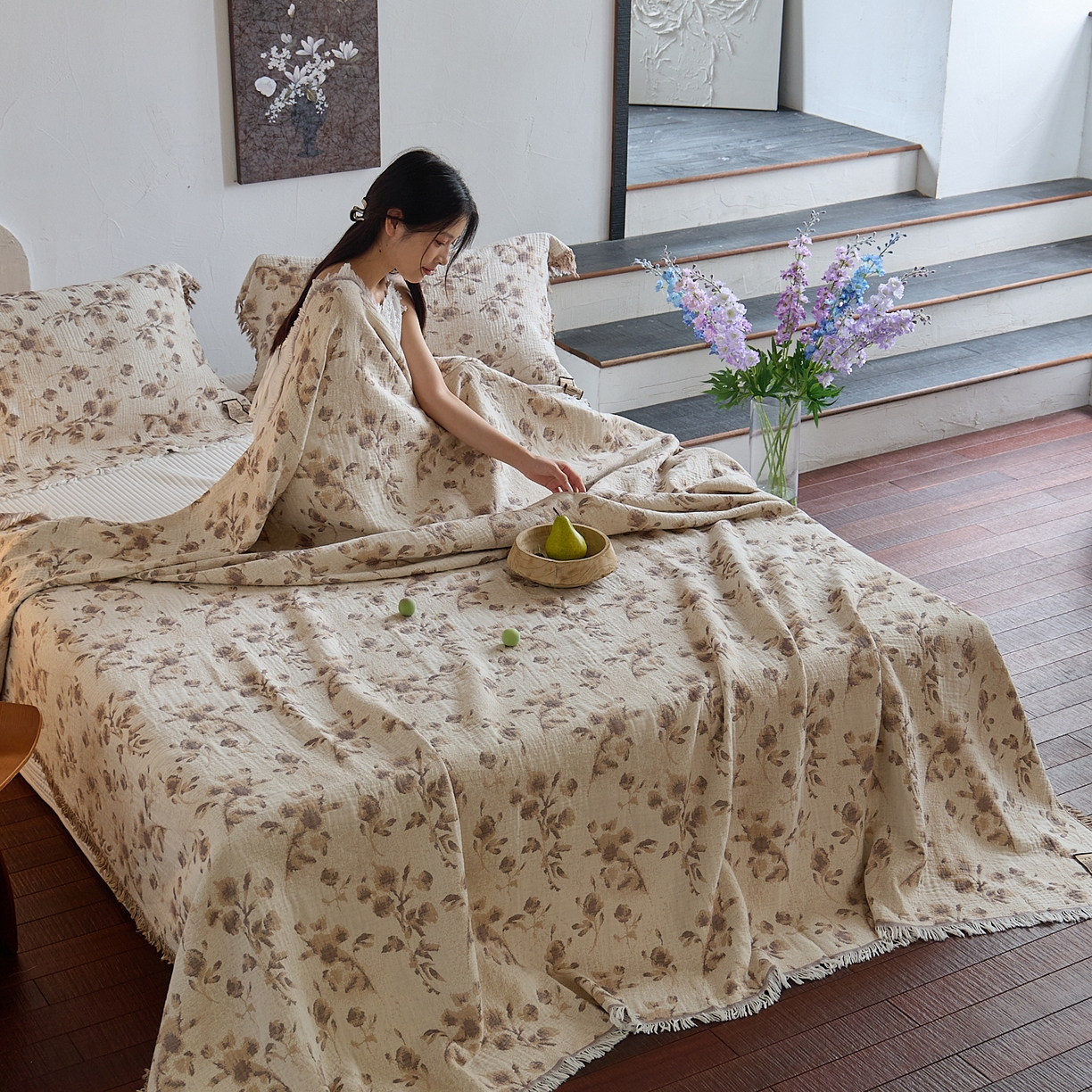 91家纺网 家纺一手货源 找家纺 沐瑟家纺 2025新款色织提花全棉流苏纱布枕巾 洛颖