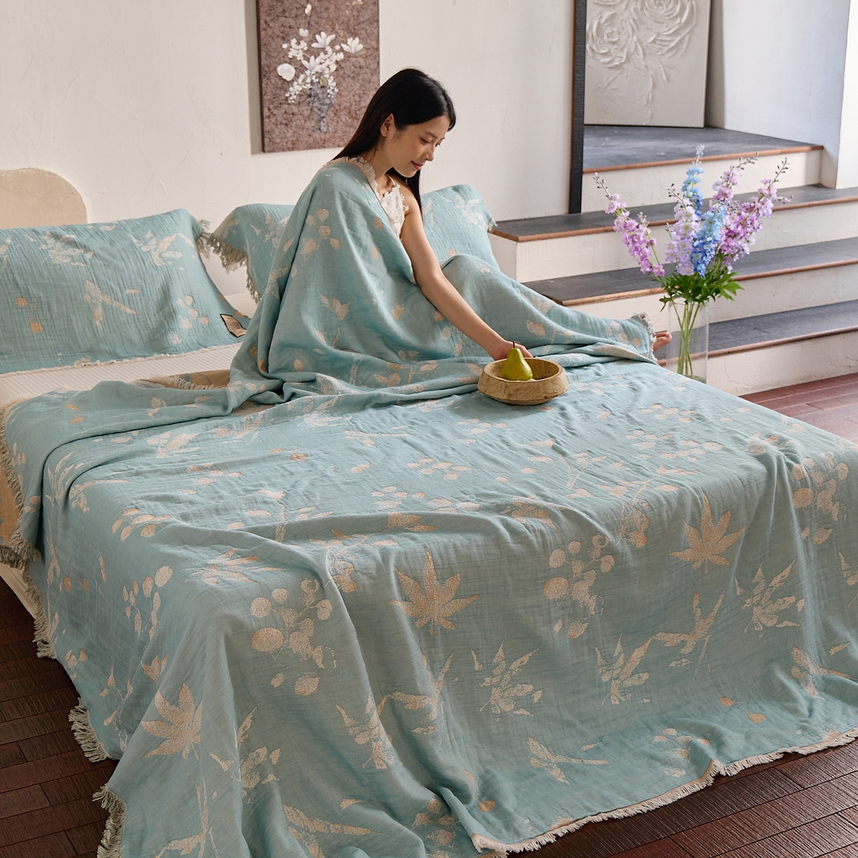 91家纺网 家纺一手货源 找家纺 沐瑟家纺 2025新款色织提花全棉流苏纱布枕巾 蘭素