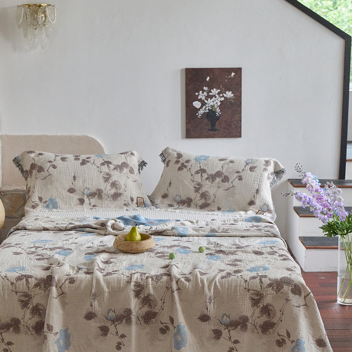 91家纺网 家纺一手货源 找家纺 沐瑟家纺 2025新款色织提花全棉流苏纱布枕巾 枝蘭