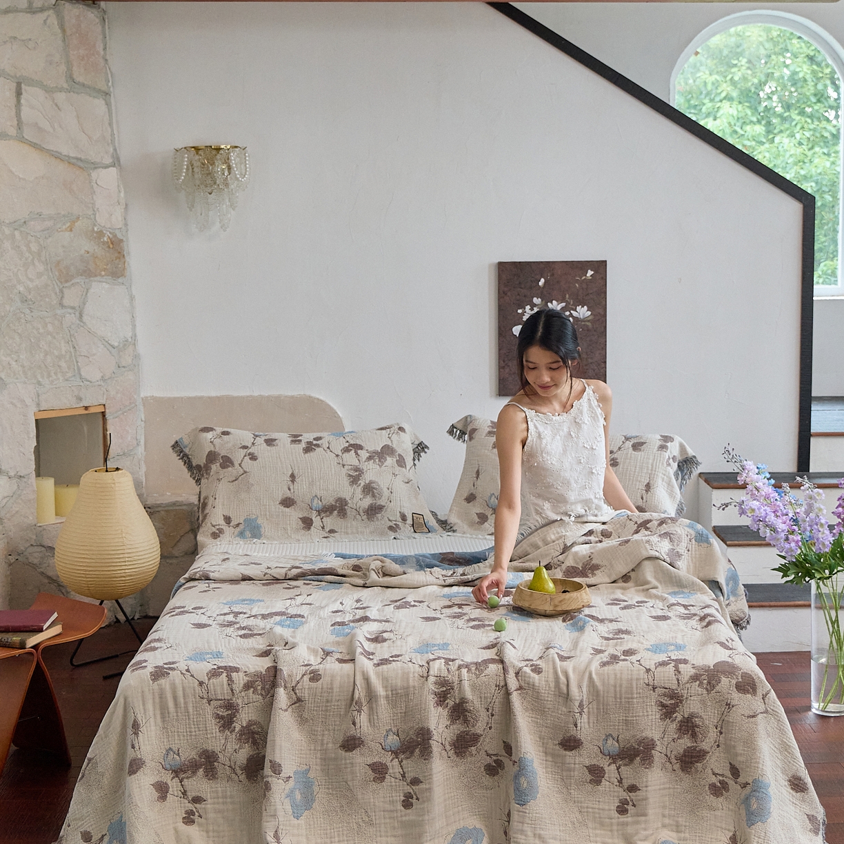 91家纺网 家纺一手货源 找家纺 沐瑟家纺 2025新款色织提花全棉流苏纱布枕巾 枝蘭