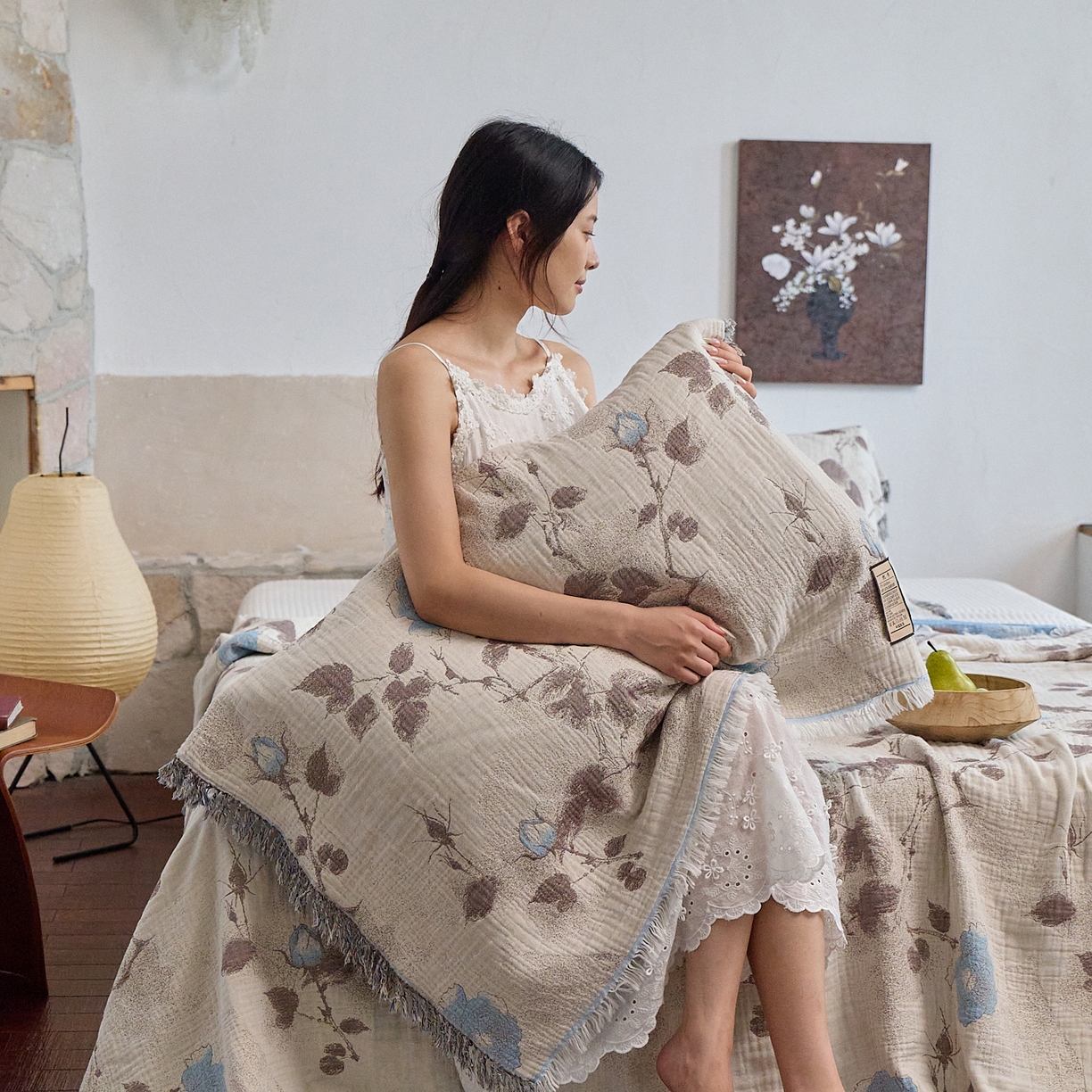 91家纺网 家纺一手货源 找家纺 沐瑟家纺 2025新款色织提花全棉流苏纱布枕巾 枝蘭