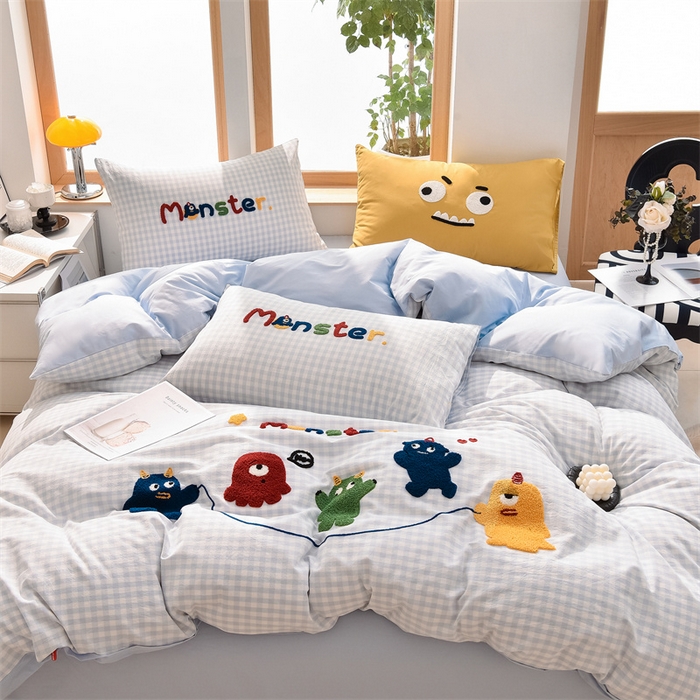 91家纺网 家纺一手货源 找家纺 炫拼家纺 2025新款A类全棉40支水洗棉毛巾绣四件套-卡通多巴胺 一起嗨