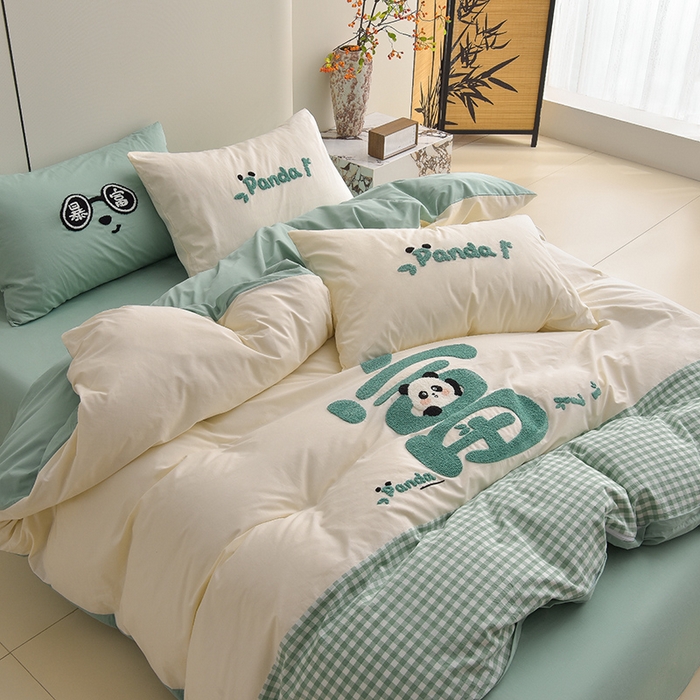 91家纺网 家纺一手货源 找家纺 炫拼家纺 2025新款A类全棉40支水洗棉毛巾绣四件套-卡通多巴胺 暴富