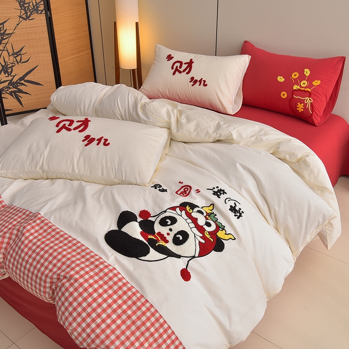 91家纺网 家纺一手货源 找家纺 炫拼家纺 2026新款A类全棉40支水洗棉毛巾绣四件套-卡通多巴胺 财源滚滚