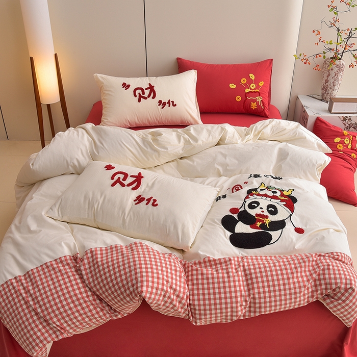 91家纺网 家纺一手货源 找家纺 炫拼家纺 2026新款A类全棉40支水洗棉毛巾绣四件套-卡通多巴胺 财源滚滚