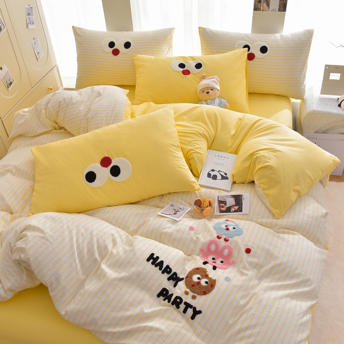 91家纺网 家纺一手货源 找家纺 炫拼家纺 2025新款A类全棉40支水洗棉毛巾绣四件套-卡通多巴胺 欢乐派对