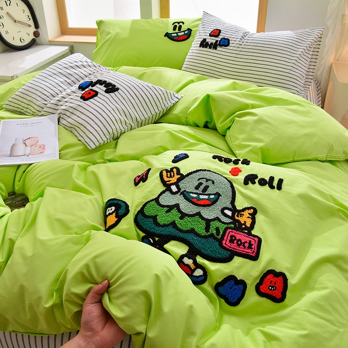 91家纺网 家纺一手货源 找家纺 炫拼家纺 2025新款A类全棉40支水洗棉毛巾绣四件套-卡通多巴胺 酷仔小树