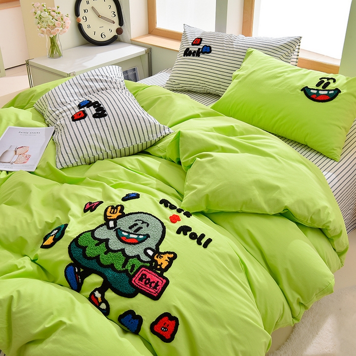 91家纺网 家纺一手货源 找家纺 炫拼家纺 2025新款A类全棉40支水洗棉毛巾绣四件套-卡通多巴胺 酷仔小树