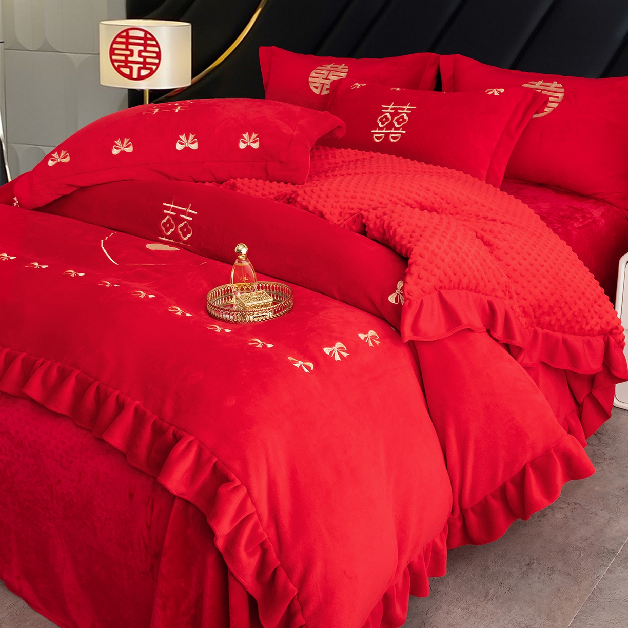 91家纺网 家纺一手货源 找家纺 卓缦家纺 2025新款牛奶绒豆豆绒婚庆四件套 心语心愿