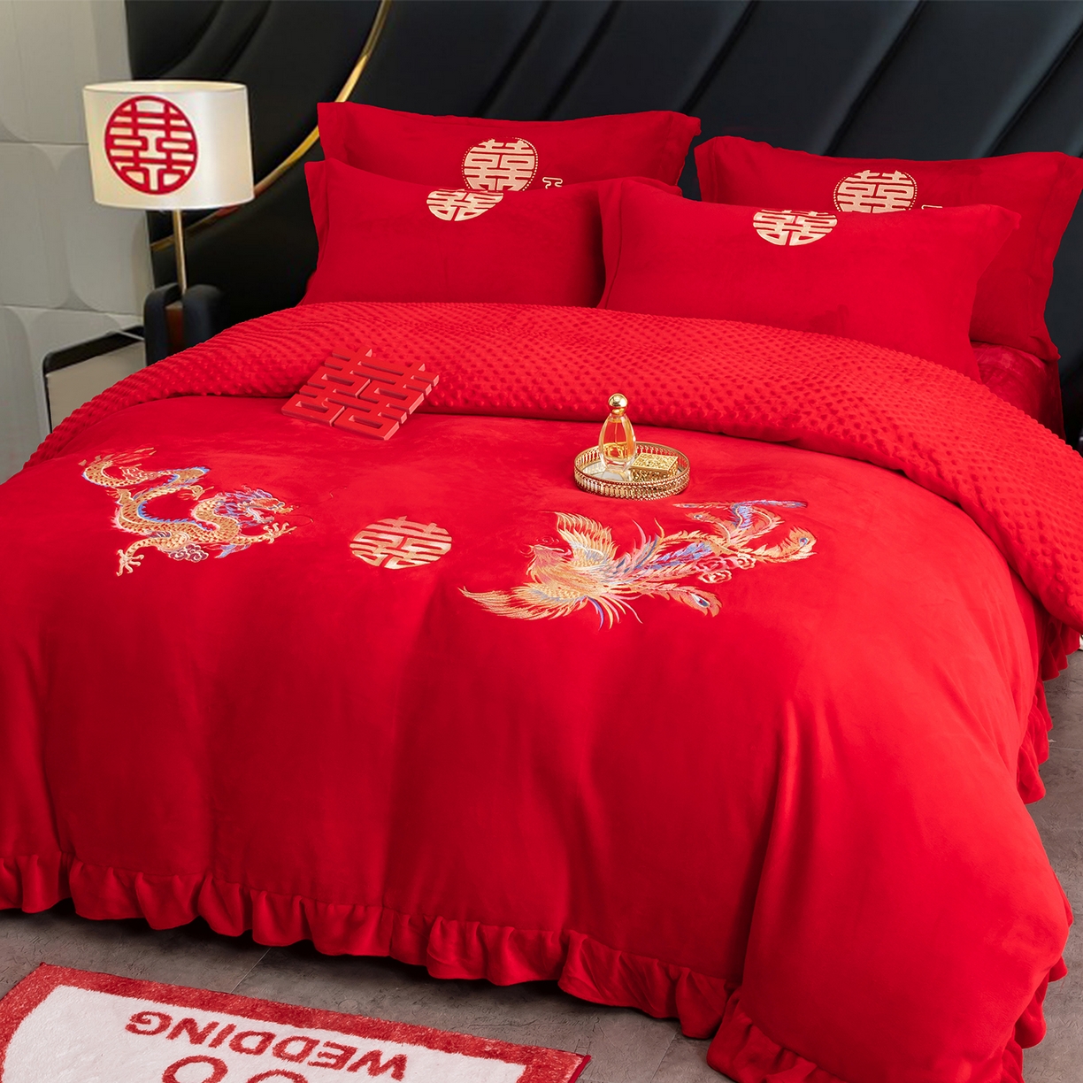 91家纺网 家纺一手货源 找家纺 卓缦家纺 2025新款牛奶绒豆豆绒婚庆四件套 龙悦凤鸣