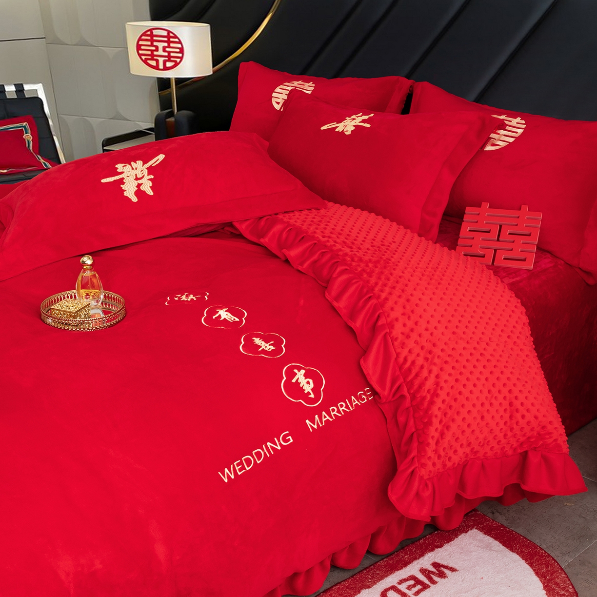 91家纺网 家纺一手货源 找家纺 卓缦家纺 2025新款牛奶绒豆豆绒婚庆四件套 双喜临门