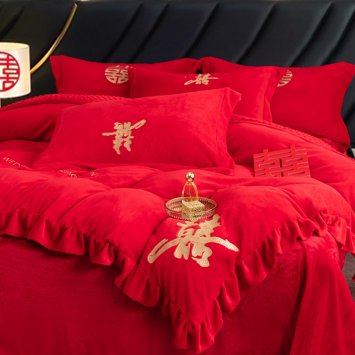 91家纺网 家纺一手货源 找家纺 卓缦家纺 2025新款牛奶绒豆豆绒婚庆四件套 双喜临门