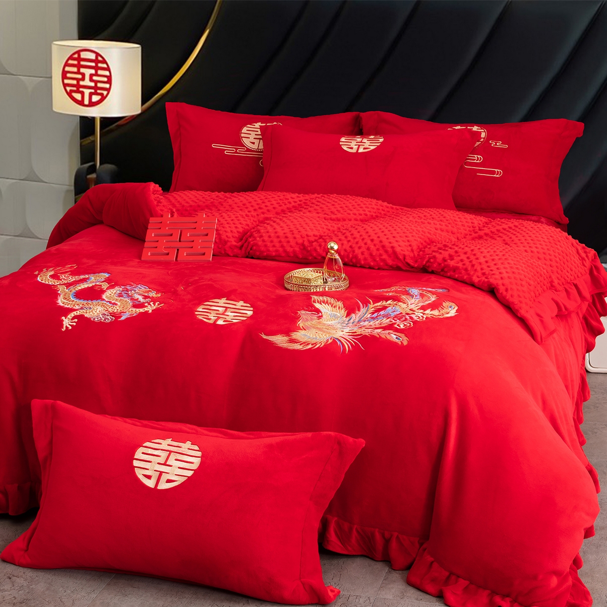 91家纺网 家纺一手货源 找家纺 卓缦家纺 2025新款牛奶绒豆豆绒婚庆四件套 龙悦凤鸣