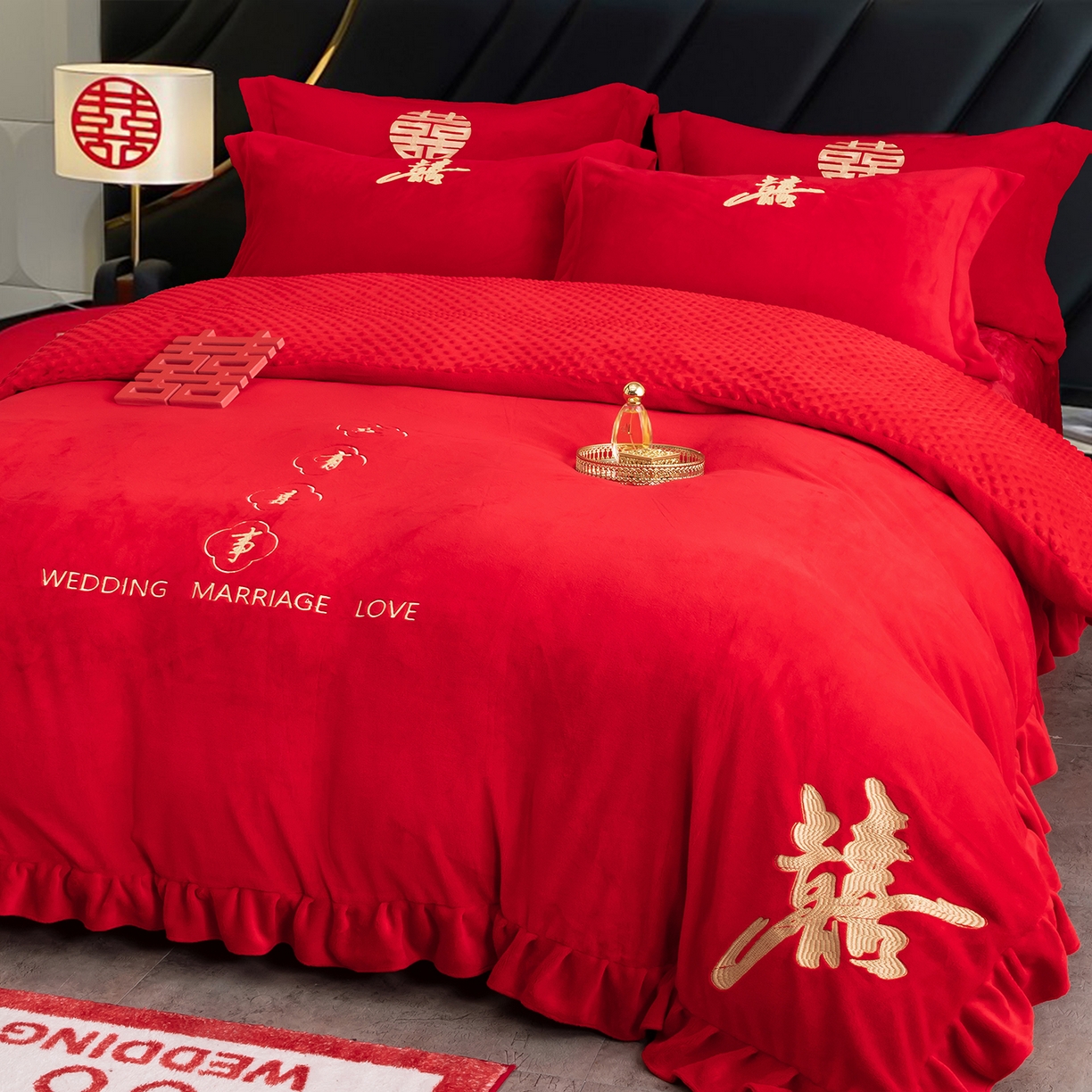 91家纺网 家纺一手货源 找家纺 卓缦家纺 2025新款牛奶绒豆豆绒婚庆四件套 双喜临门