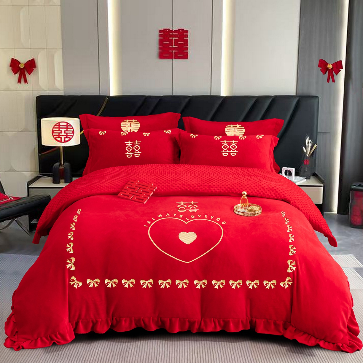 91家纺网 家纺一手货源 找家纺 （总）卓缦家纺 2025新款牛奶绒豆豆绒婚庆四件套