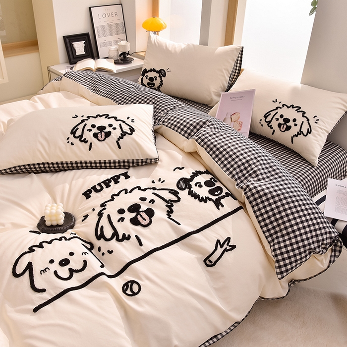 91家纺网 家纺一手货源 找家纺 炫拼家纺 2025新款A类全棉40支水洗棉毛巾绣四件套-卡通多巴胺 潦草小狗