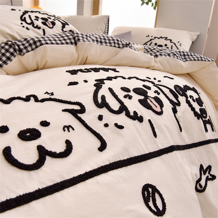 91家纺网 家纺一手货源 找家纺 炫拼家纺 2025新款A类全棉40支水洗棉毛巾绣四件套-卡通多巴胺 潦草小狗