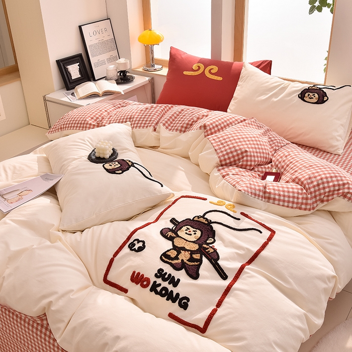 91家纺网 家纺一手货源 找家纺 炫拼家纺 2025新款A类全棉40支水洗棉毛巾绣四件套-卡通多巴胺 美猴王