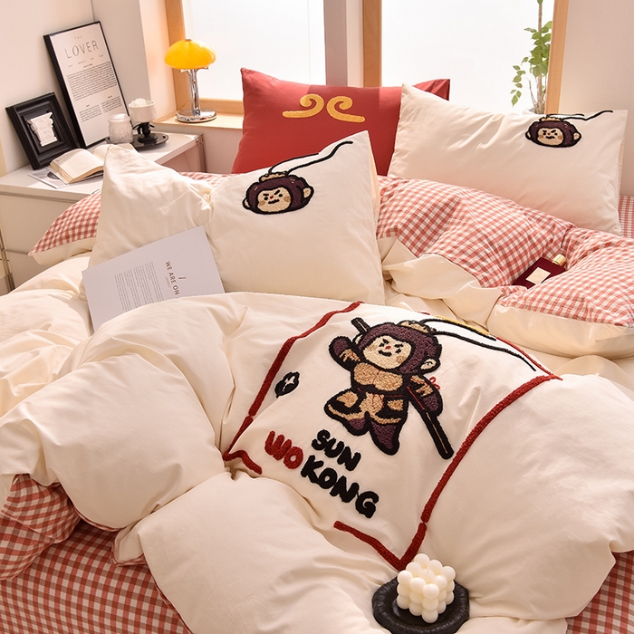 91家纺网 家纺一手货源 找家纺 炫拼家纺 2025新款A类全棉40支水洗棉毛巾绣四件套-卡通多巴胺 美猴王