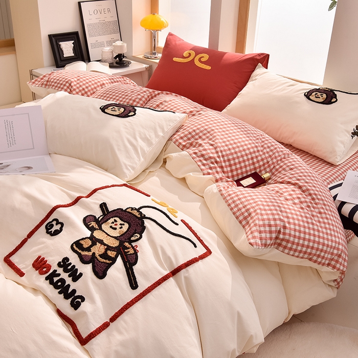 91家纺网 家纺一手货源 找家纺 炫拼家纺 2025新款A类全棉40支水洗棉毛巾绣四件套-卡通多巴胺 美猴王