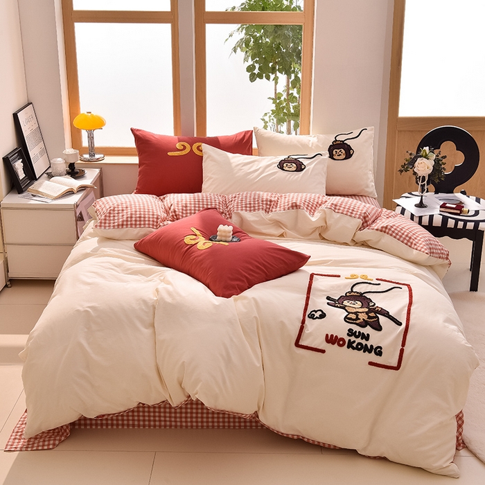 91家纺网 家纺一手货源 找家纺 炫拼家纺 2025新款A类全棉40支水洗棉毛巾绣四件套-卡通多巴胺 美猴王