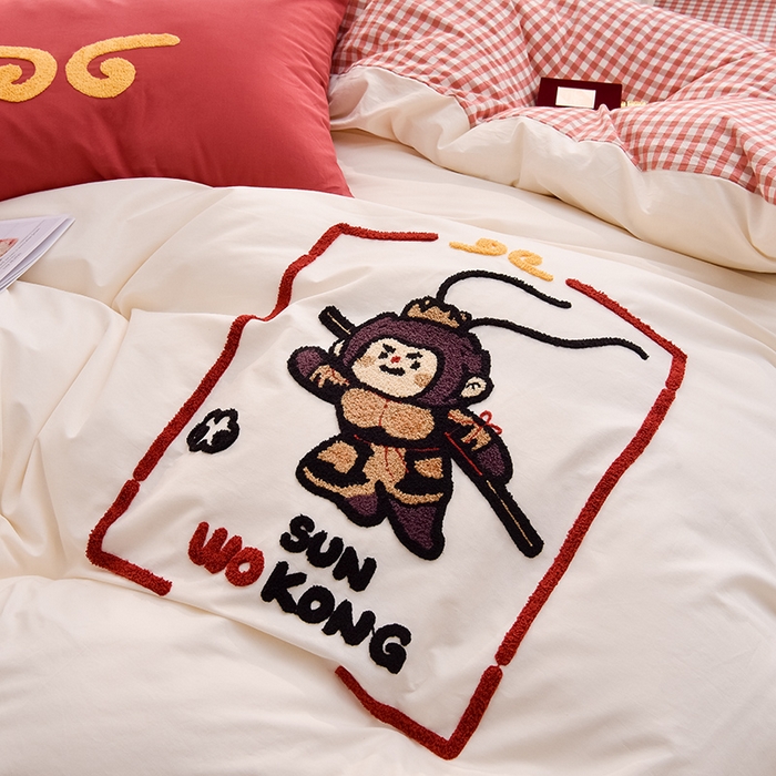 91家纺网 家纺一手货源 找家纺 炫拼家纺 2025新款A类全棉40支水洗棉毛巾绣四件套-卡通多巴胺 美猴王