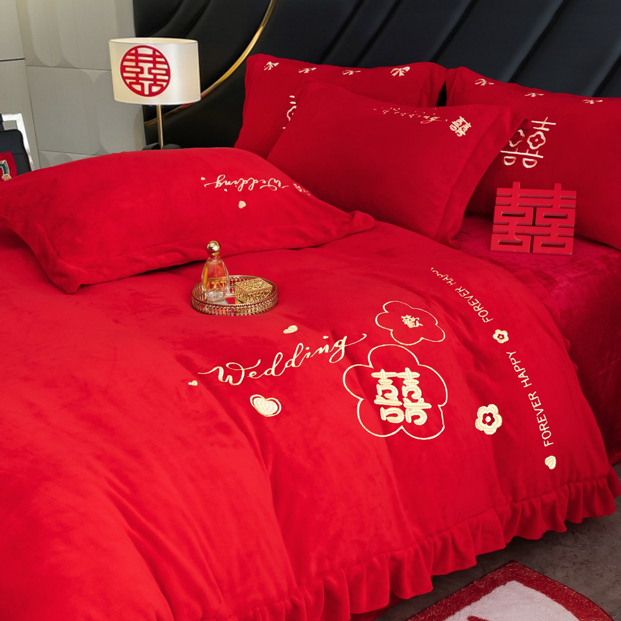 91家纺网 家纺一手货源 找家纺 卓缦家纺 2025新款牛奶绒豆豆绒婚庆四件套 欢欢喜喜