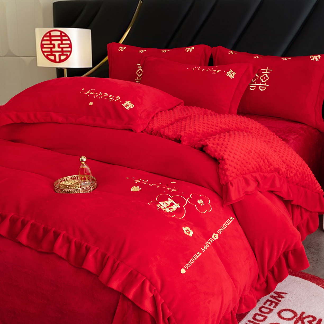 91家纺网 家纺一手货源 找家纺 卓缦家纺 2025新款牛奶绒豆豆绒婚庆四件套 欢欢喜喜