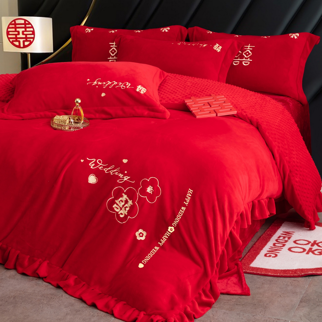 91家纺网 家纺一手货源 找家纺 卓缦家纺 2025新款牛奶绒豆豆绒婚庆四件套 欢欢喜喜