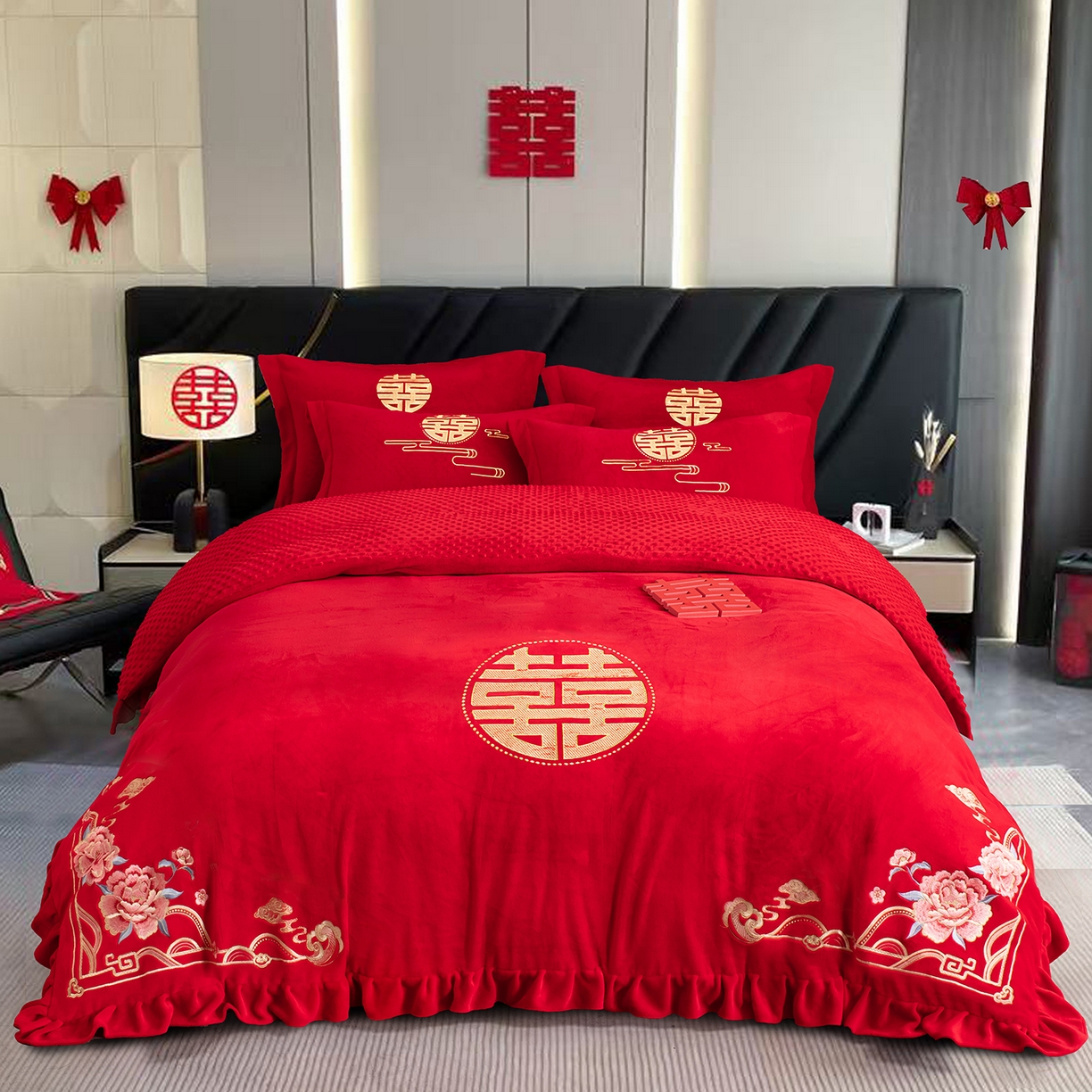 卓缦家纺 2025新款牛奶绒豆豆绒婚庆四件套 牡丹之恋