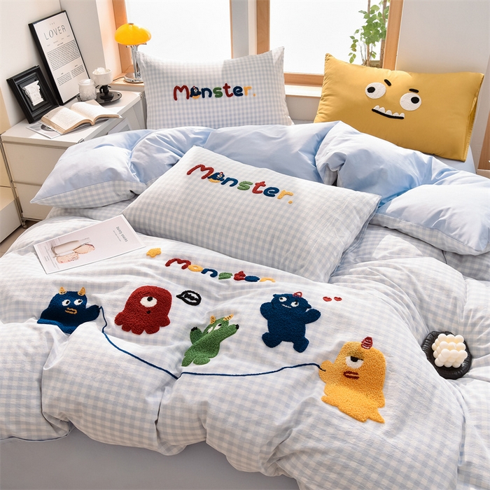 91家纺网 家纺一手货源 找家纺 炫拼家纺 2025新款A类全棉40支水洗棉毛巾绣四件套-卡通多巴胺 一起嗨