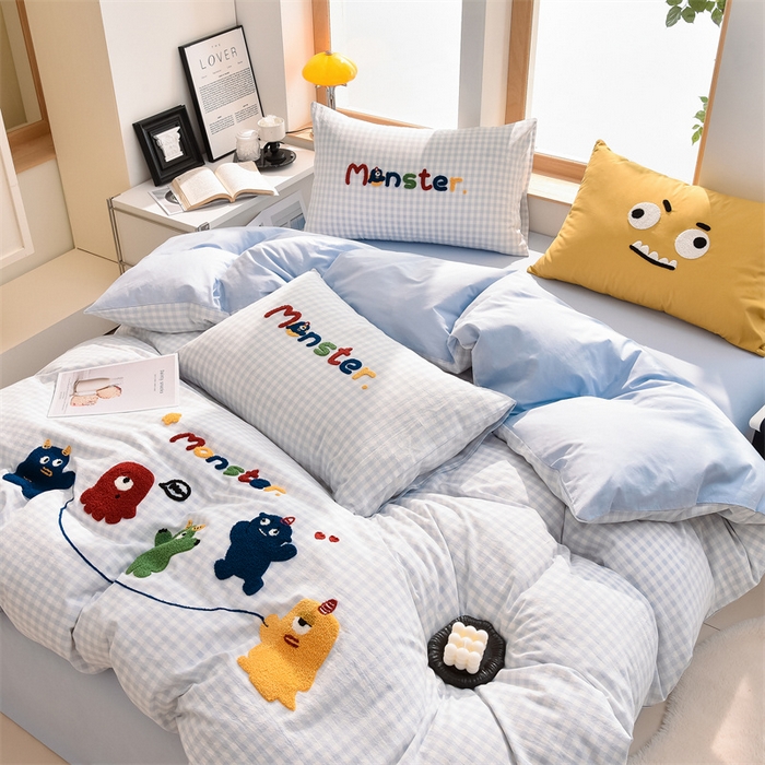 91家纺网 家纺一手货源 找家纺 炫拼家纺 2025新款A类全棉40支水洗棉毛巾绣四件套-卡通多巴胺 一起嗨