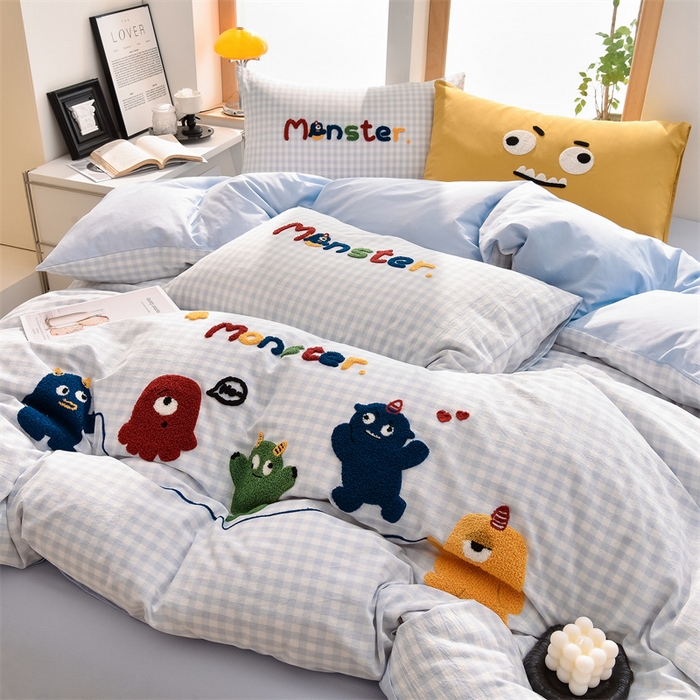 91家纺网 家纺一手货源 找家纺 炫拼家纺 2025新款A类全棉40支水洗棉毛巾绣四件套-卡通多巴胺 一起嗨