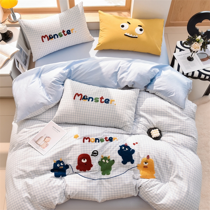 91家纺网 家纺一手货源 找家纺 炫拼家纺 2025新款A类全棉40支水洗棉毛巾绣四件套-卡通多巴胺 一起嗨