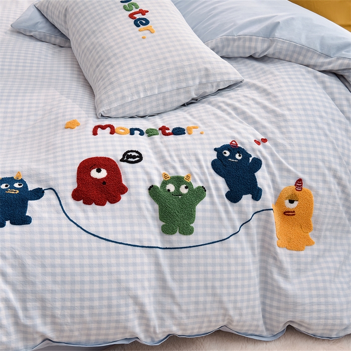 91家纺网 家纺一手货源 找家纺 炫拼家纺 2025新款A类全棉40支水洗棉毛巾绣四件套-卡通多巴胺 一起嗨