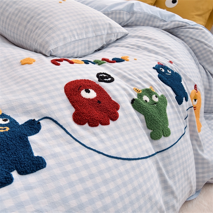 91家纺网 家纺一手货源 找家纺 炫拼家纺 2025新款A类全棉40支水洗棉毛巾绣四件套-卡通多巴胺 一起嗨