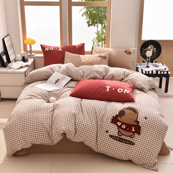 91家纺网 家纺一手货源 找家纺 炫拼家纺 2025新款A类全棉40支水洗棉毛巾绣四件套-卡通多巴胺 No-1