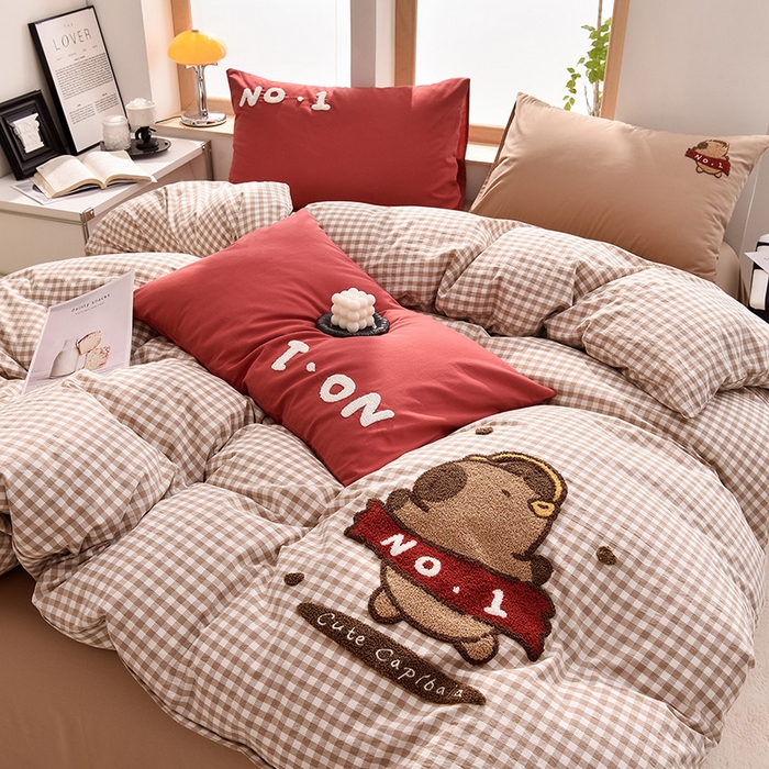 91家纺网 家纺一手货源 找家纺 炫拼家纺 2025新款A类全棉40支水洗棉毛巾绣四件套-卡通多巴胺 No-1