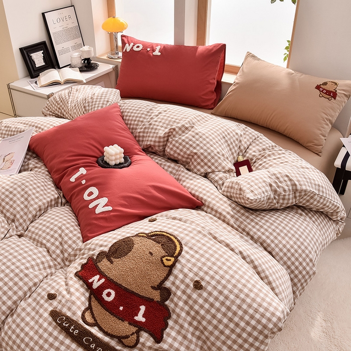 91家纺网 家纺一手货源 找家纺 炫拼家纺 2025新款A类全棉40支水洗棉毛巾绣四件套-卡通多巴胺 No-1