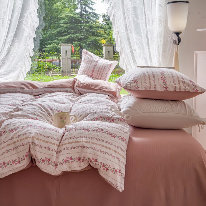 91家纺网 家纺一手货源 找家纺 王朝国际 2026新款直播电商热款彩竺棉四件套 粉黛