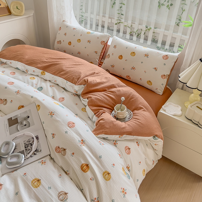 91家纺网 家纺一手货源 找家纺 王朝国际 2026新款直播电商热款彩竺棉四件套 焦糖南瓜