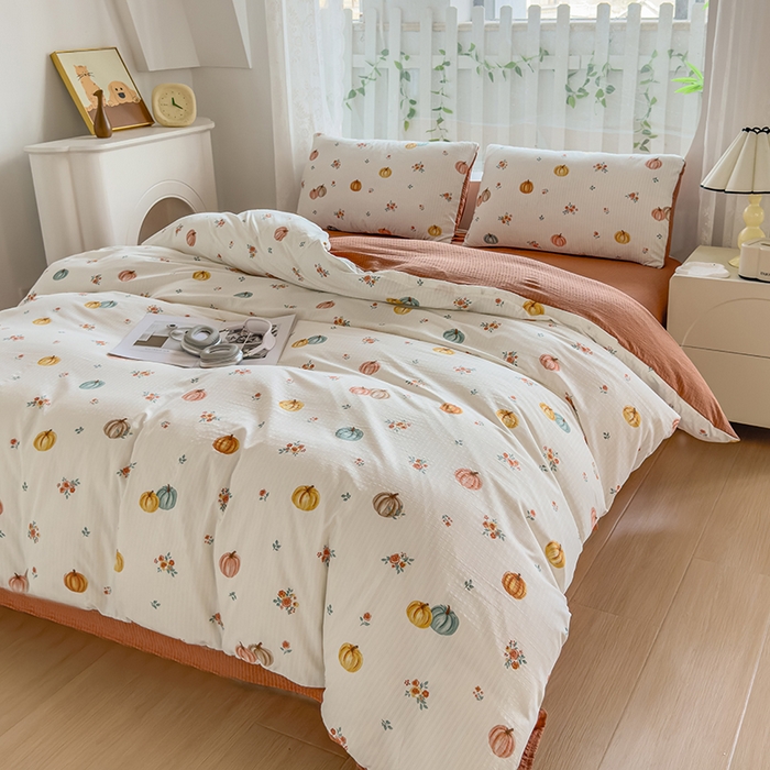 91家纺网 家纺一手货源 找家纺 王朝国际 2026新款直播电商热款彩竺棉四件套 焦糖南瓜