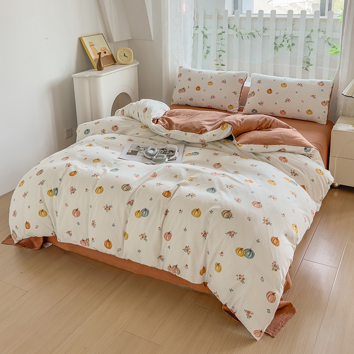 91家纺网 家纺一手货源 找家纺 王朝国际 2026新款直播电商热款彩竺棉四件套 焦糖南瓜