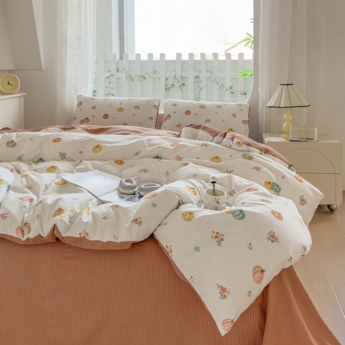 91家纺网 家纺一手货源 找家纺 王朝国际 2026新款直播电商热款彩竺棉四件套 焦糖南瓜