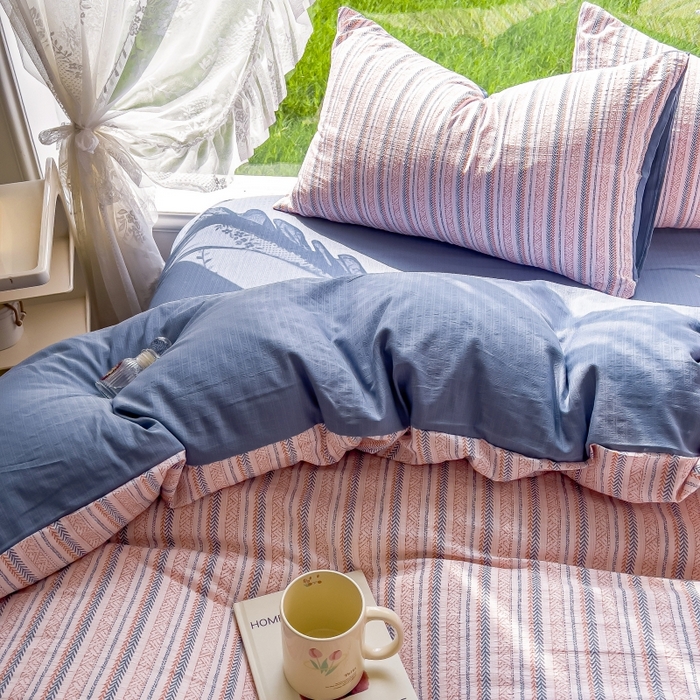 91家纺网 家纺一手货源 找家纺 王朝国际 2026新款直播电商热款彩竺棉四件套 洛川蓝