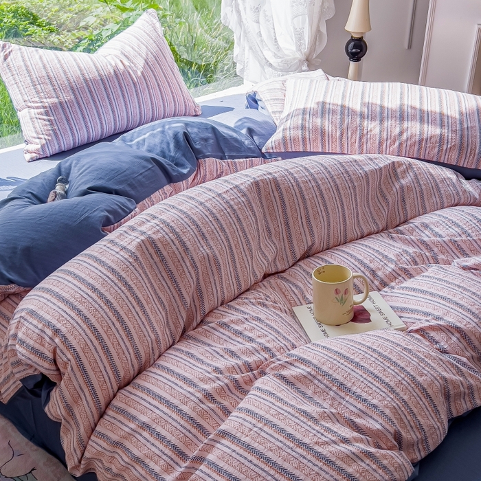 91家纺网 家纺一手货源 找家纺 王朝国际 2026新款直播电商热款彩竺棉四件套 洛川蓝