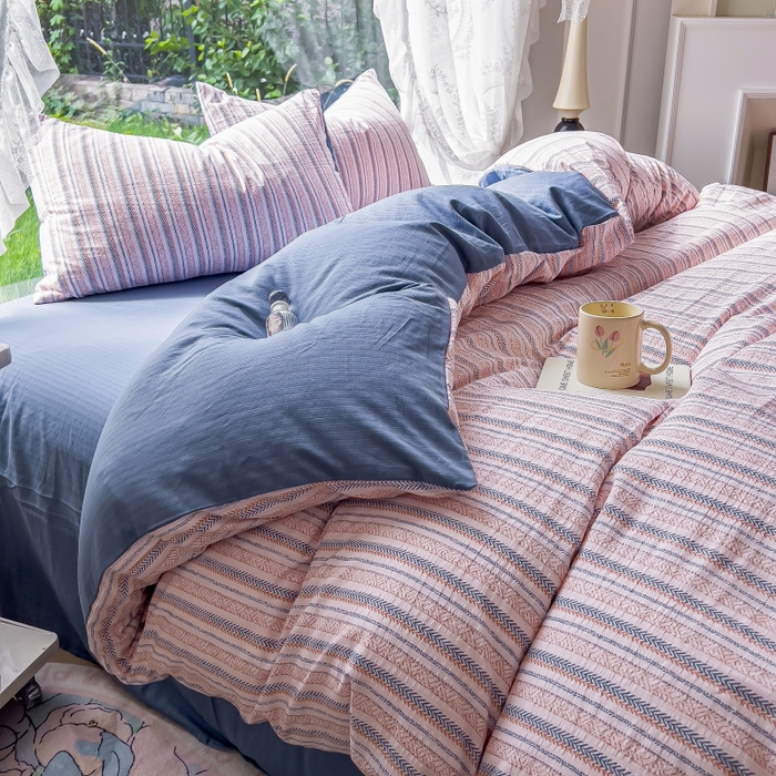 91家纺网 家纺一手货源 找家纺 王朝国际 2026新款直播电商热款彩竺棉四件套 洛川蓝