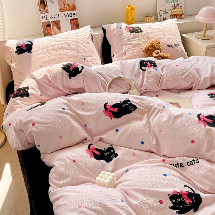 91家纺网 家纺一手货源 找家纺 维娜斯家纺 2025新款印花双层纱四件套亲肤柔软适合裸睡 欢乐猫咪