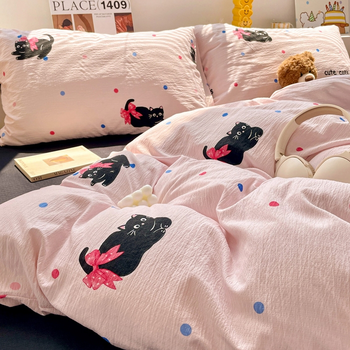 91家纺网 家纺一手货源 找家纺 维娜斯家纺 2025新款印花双层纱四件套亲肤柔软适合裸睡 欢乐猫咪